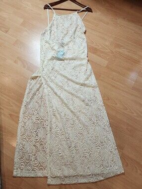 M/L NWT Beach Candy Stretch Lace Sleeveless Midi Maxi Dress Cream Ivory Resort